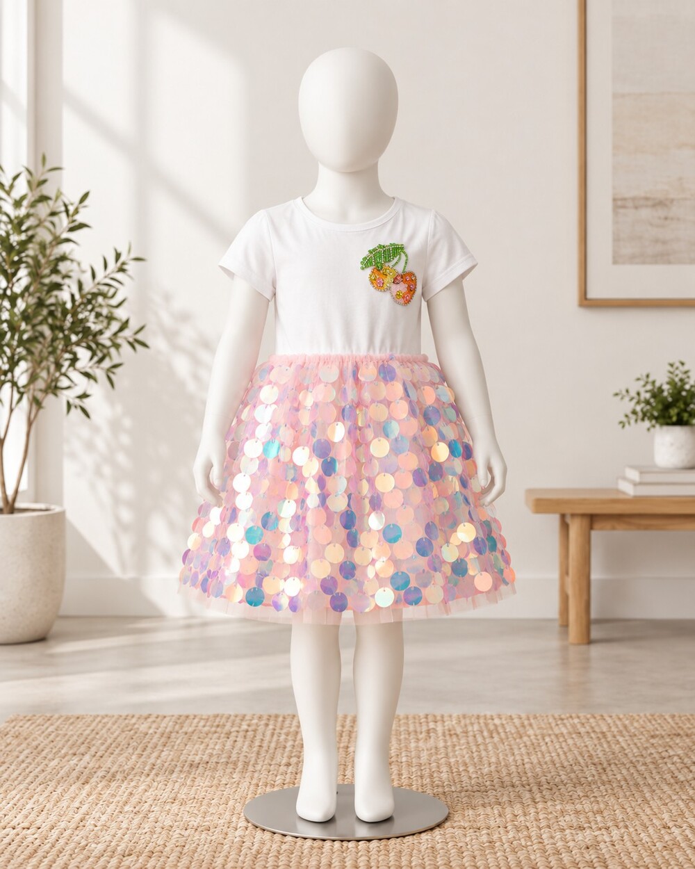 Lola + The Boys Girls Size 6 White Dress Pink Sequin Tulle Skirt Beaded Cherry